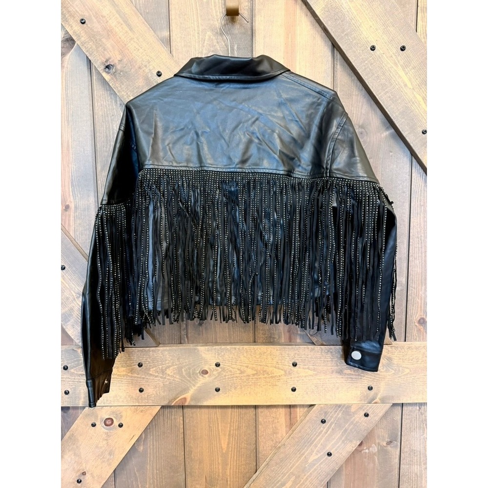 Southern Fried Chics Fringe Jacket Womens Medium Black Good Studded Faux Leather - Picture 2 of 4